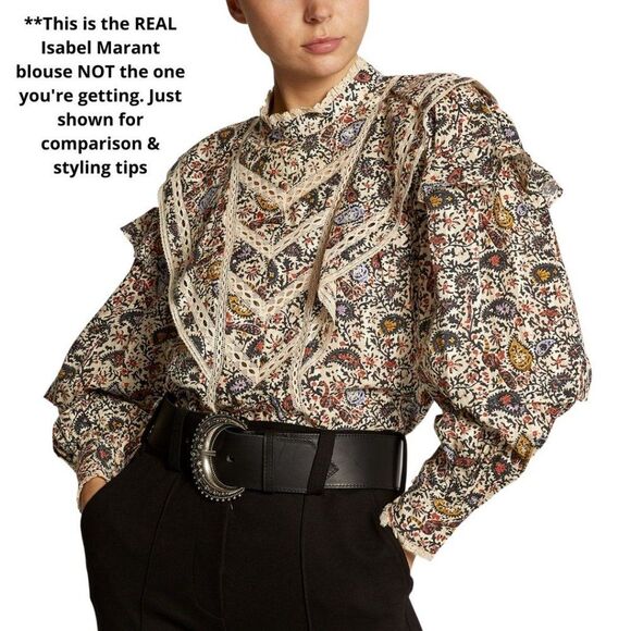 COTTAGECORE Prairie Vintage 70s Look Peacock Print Lace Trim Blouse Top M L - Picture 8 of 16